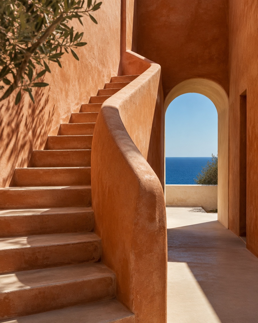 Travel concept: terracotta stairs beside an arch overlooking the sea