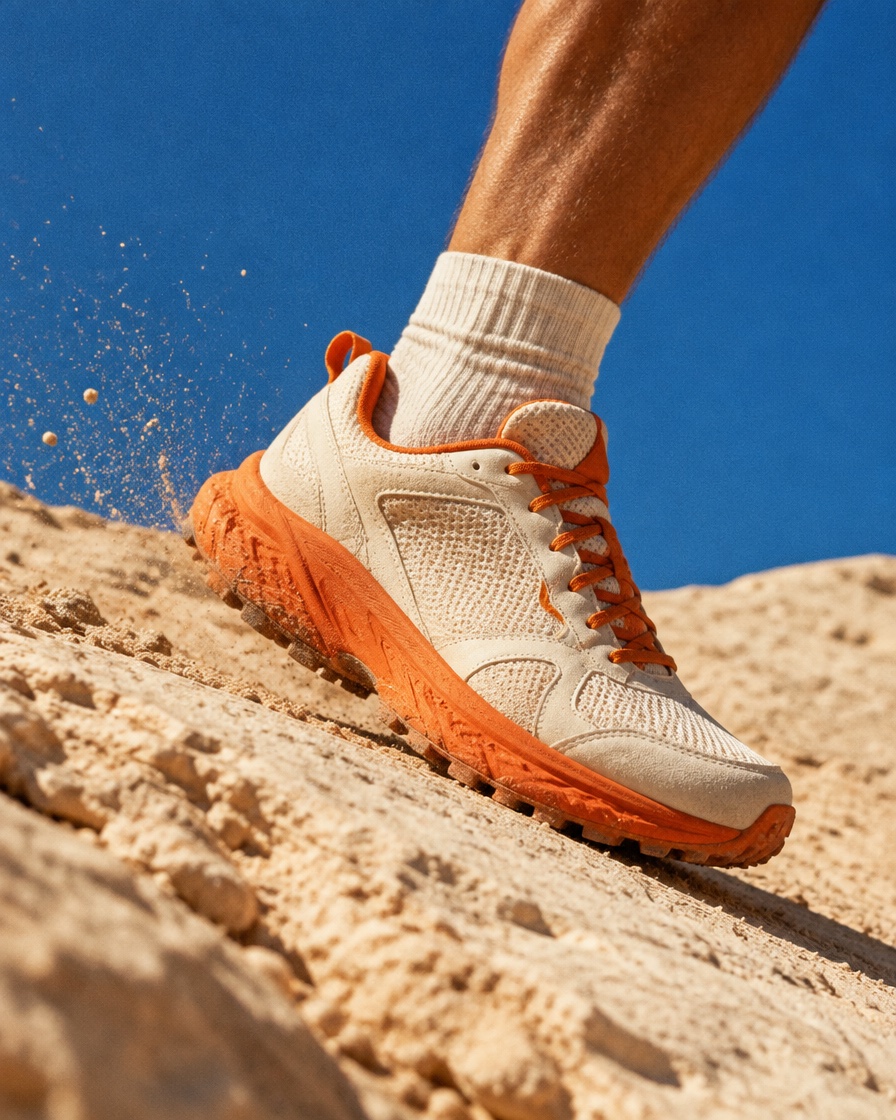 Sport concept: an orange trail shoe kicks up sunlit sand